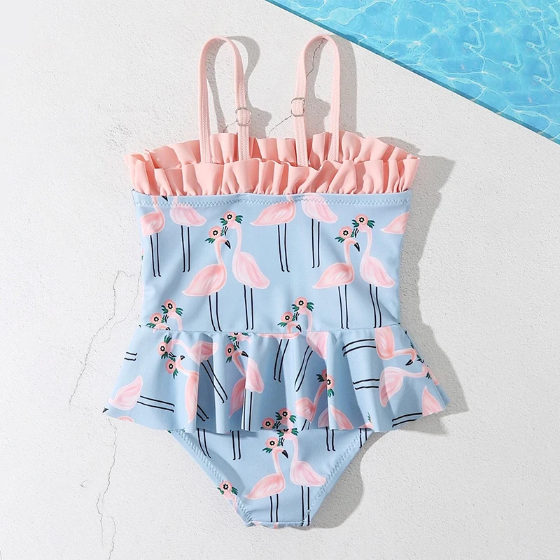 Cute Flamingo Sleeveless Beachwear Baby Girls Ruffles Swimwear Kids Girls One Piece Baby Bikini Swimsuit manufacture