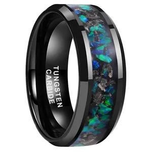 Coolstyle Jewelry 8mm Mens Womens Fashion Engagement Wedding Band Genuine Meteorite Opal Inlay Black Tungsten Carbide Rings