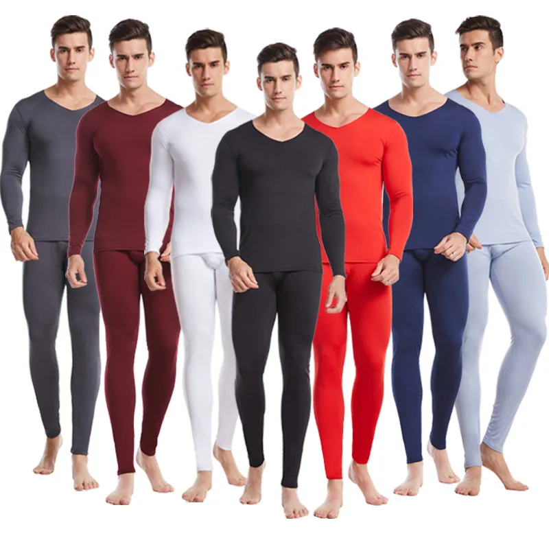 New Men's Vneck Single Side Fleece Thermal Underwear Set Plus Furred