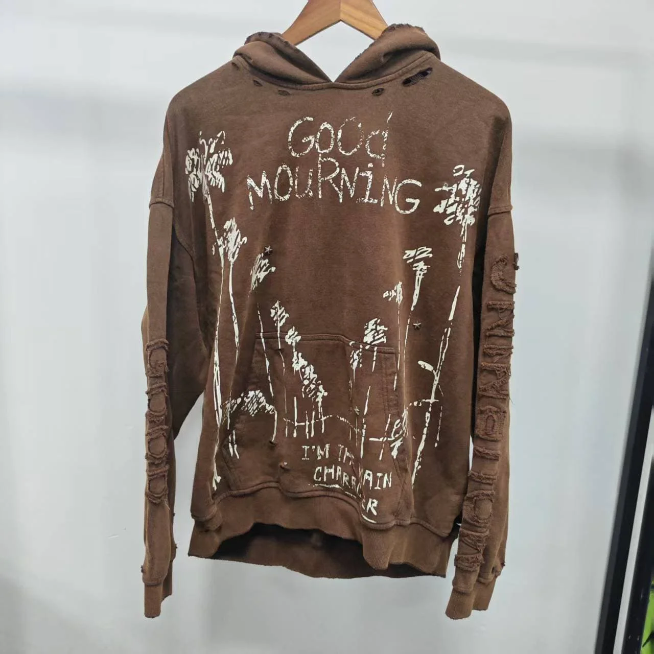 Vintage Distressed Brown Palm Tree Letter Print Men Oversized Pullover Hoodie Cut Out Sleeve Skater Street Casual Outer Top gallery 7