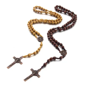 Go Party 8*10MM Woven Rope Wooden Bead Necklace Handmade Braided Christian Rosary Catholic Crucifix Jesus Cross Pendant Necklace