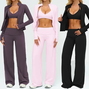 OEM Breathable Gym Clothing Sports Bra High Waist Yoga Pants With Wide Leg Fitness Jacket 3 Pcs Yoga Sets Workout Set For Women