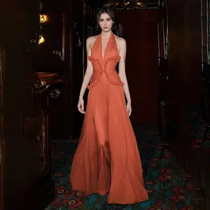 ZYHT 70107 Summer Casual Beach Holiday Design Boho Long Dress Backless Halter Ruffle Pleated Maxi Long Vacation Dress Women