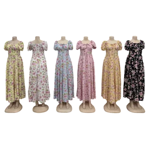 New Wholesale Summer Women Casual Floral Bubble Sleeve Loose Lace-up Fashion Dress