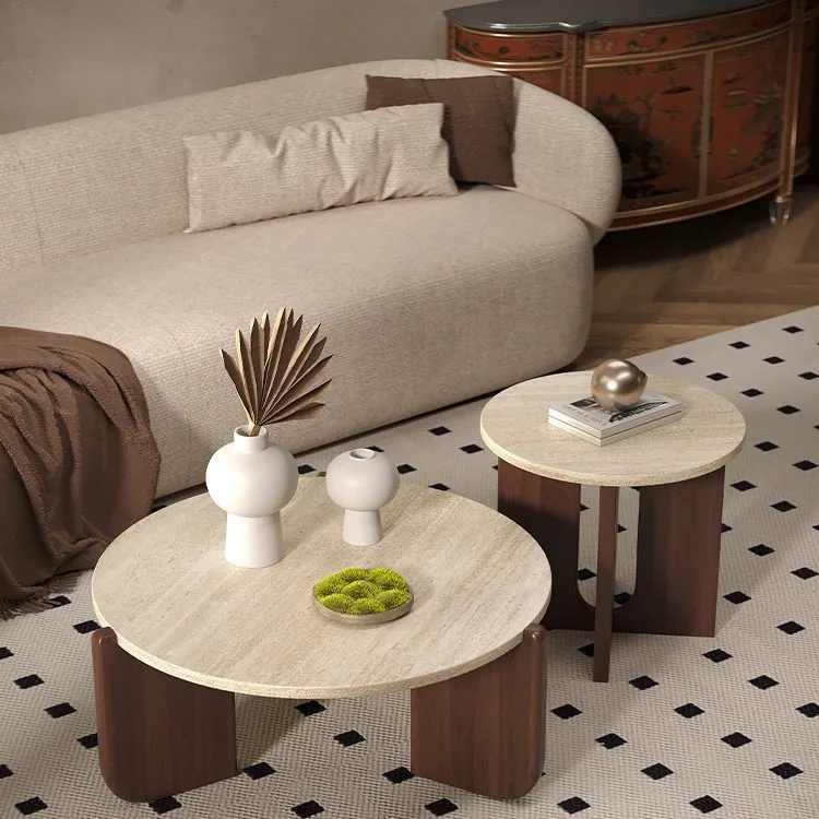 Wabi-Sabi Oak/Birch Travertine Stone Tea Table Minimalist Round Marble Side Furniture for Home Living Room