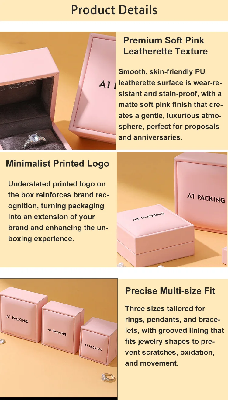 product pu leather  microfiber ring and bracelet box caja joyeria with custom logo pink color sponge insert for jewelry packaging-3