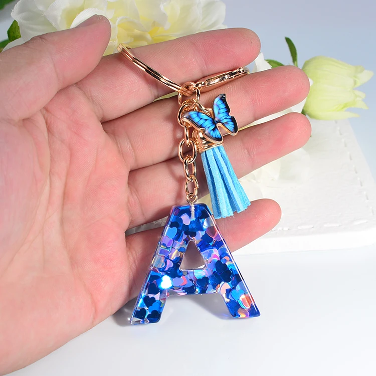 Blue Letter Resin Keyring Glitter Blue Letter A-Z Keychain For Women Girls