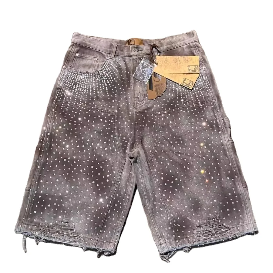 Custom High Quality Cotton Half-knee Baggy Straight Leg Vintage Distressed All Over Rhinestone Denim Jeans Shorts Jorts for Men