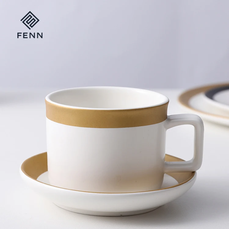 product fenn wholesale high quality luxury matte white ceramic coffee cup and saucer with gold edge customizable for coffee shop-57