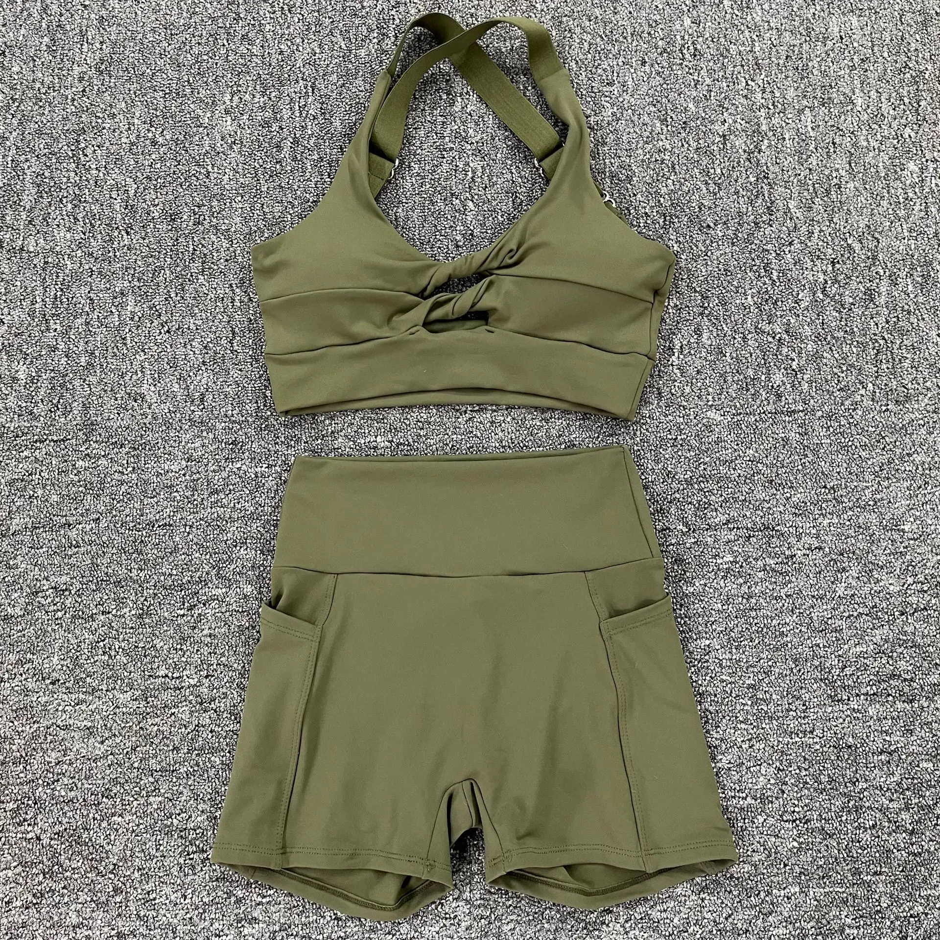 Custom Active Wear Custom Workout No Front Seam Shorts Set Sports Yoga 2 Piece Women Sexy Short Set details