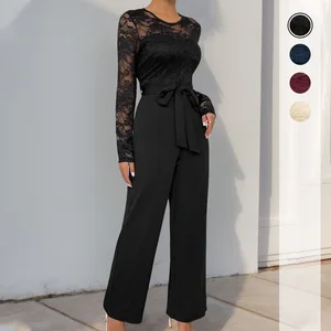 Ladies' long-sleeved jumpsuits in solid color, form-fitting lace, elegant office lace-up jumpsuits