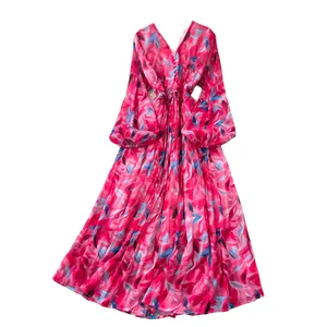 Customize Vintage V-Neck Tunic Slim Casual Midi Dress for Women Lantern Sleeve Empire Printed Lace Woven Digital Breathable