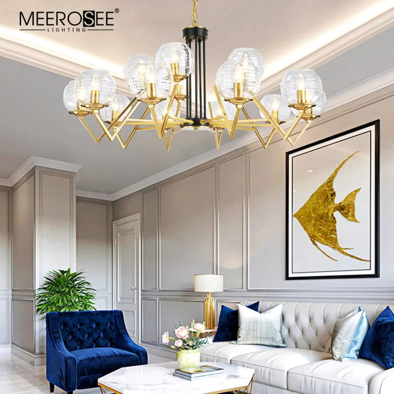 Meerosee  Customized Light Fixture Golden Iron chandalier Glass Shade Contemporary Chandelier Light MD86753