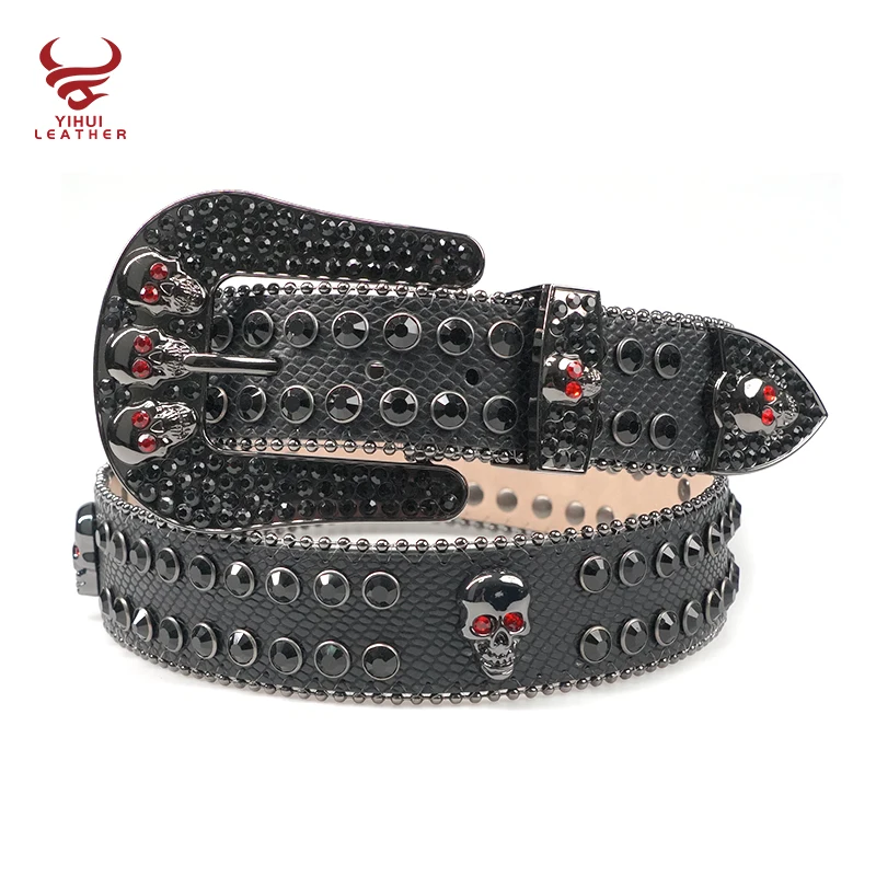 BB Simon Leather Belt Swarovski Crystals and Dark Gray Leather