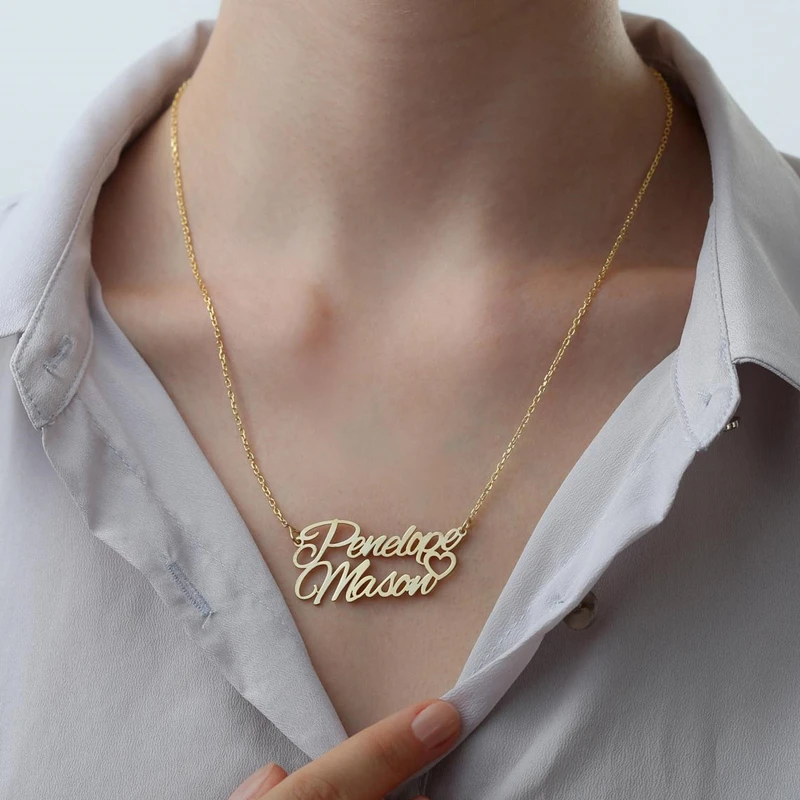 Gold Plated Women Double Name Heart Necklace Stainless Steel Personalized  Women Nameplate Necklace Jewelry Custom
