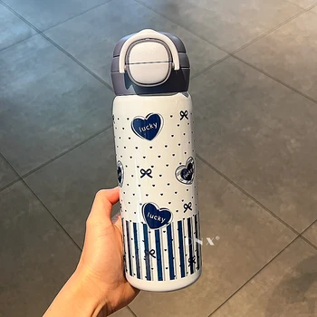 Cute Cartoon Design Pop-Up Double Drink Thermos Cup Portable Stainless Steel Water Bottle Kids 580ML Insulated Hot Cold Camping