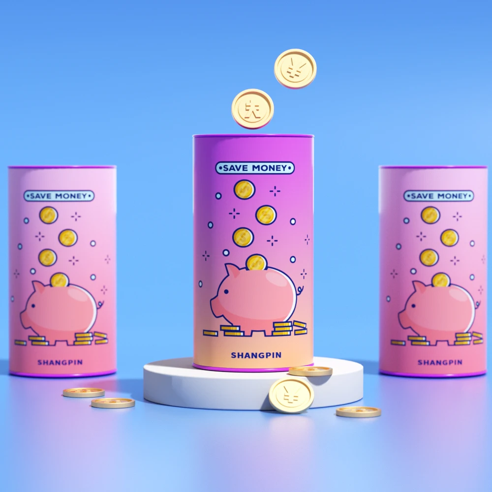 Promotional Cartoon Pattern Round Gift Paper Tube Double Side Open Coin Bank Piggy Bank Can Packaging Tube With Slot Metal Lid