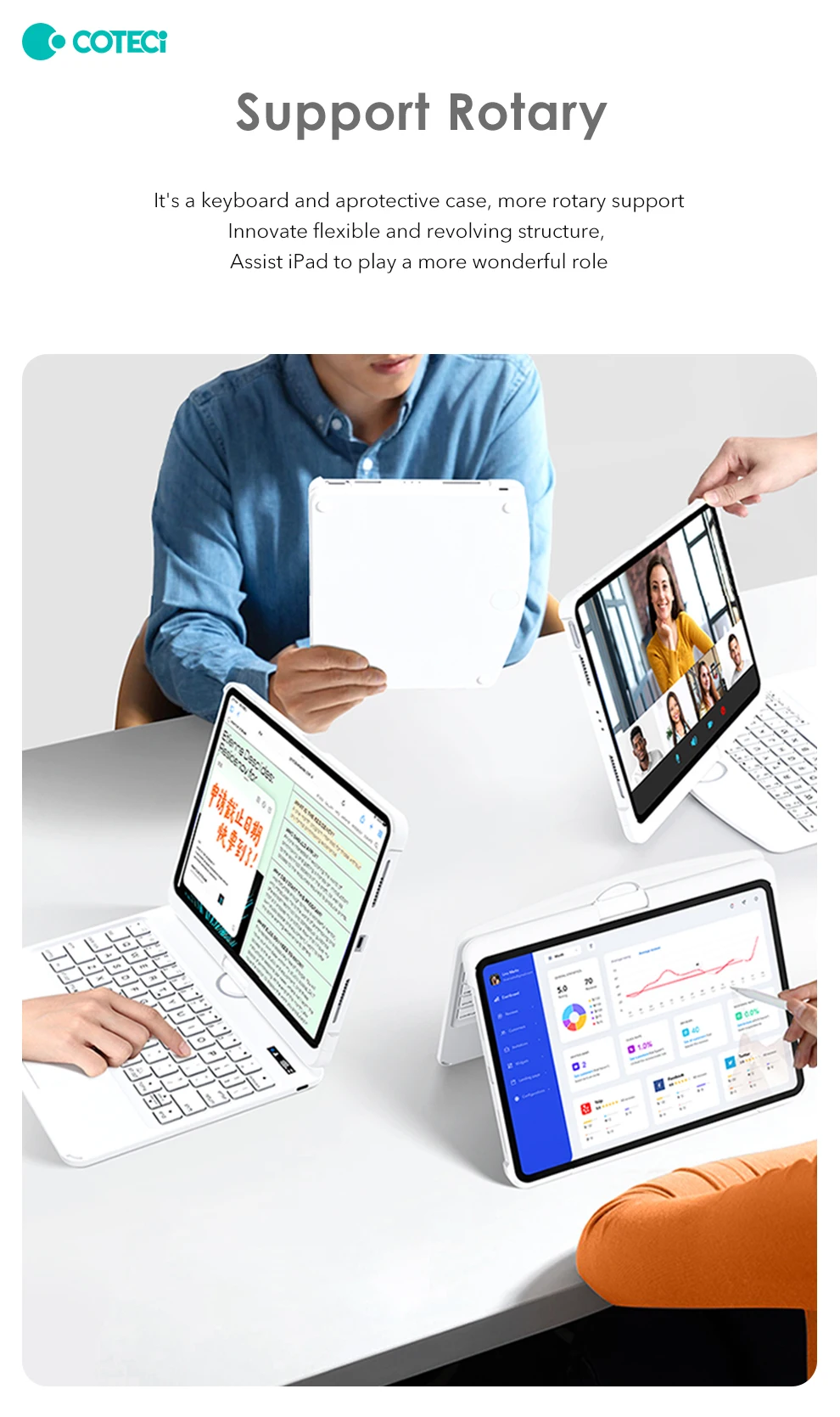 COTECi Roated Tablet Keyboard Case for iPad Air 4 5 Gen 10.9 11 13 Inch M2 M3 iPad Pro 12.9 11 13 Inch M4 2 3 4 Gen