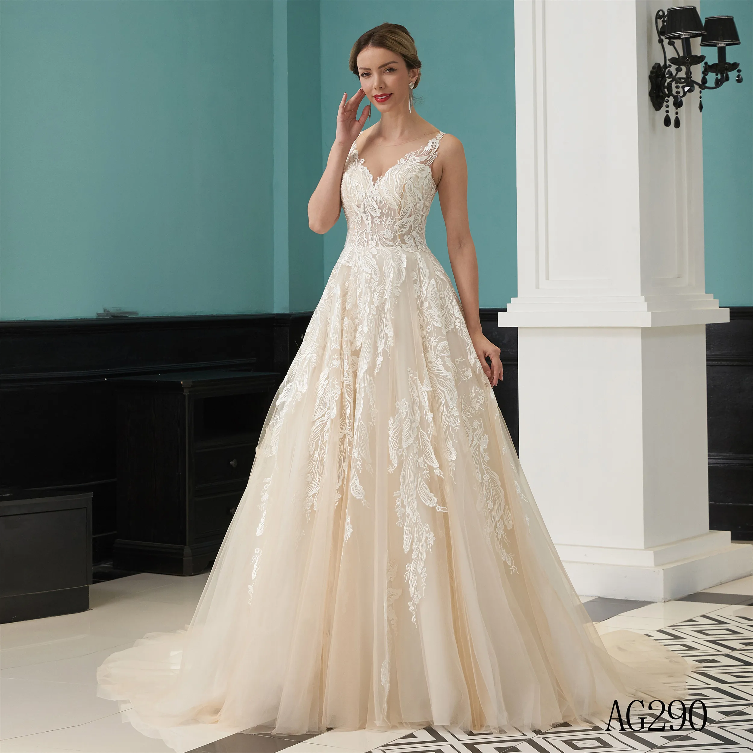 A-line Illusion O-Neckline wedding dress Chapel Train with lace   classic bridal dress  vestidos de novia 2020 collection