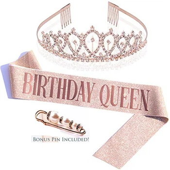 Huiran Glitter Rhinestone Birthday Queen Sash Birthday Queen Sash Tiara Kit for Adult Birthday Party Supplies