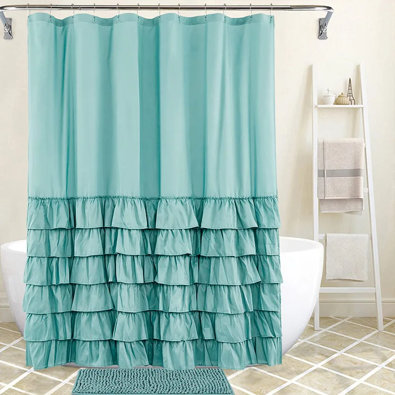 Ruffle Shower Curtain Ruched Polyester Fancy Handcrafted Bath Curtain for Master Bathroom with 12 Buttonholes 6 Colors