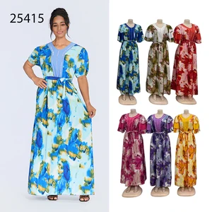 Wholesale New Spring and Summer Casual Waist Short Sleeve V-neck Printed Fashion Dress