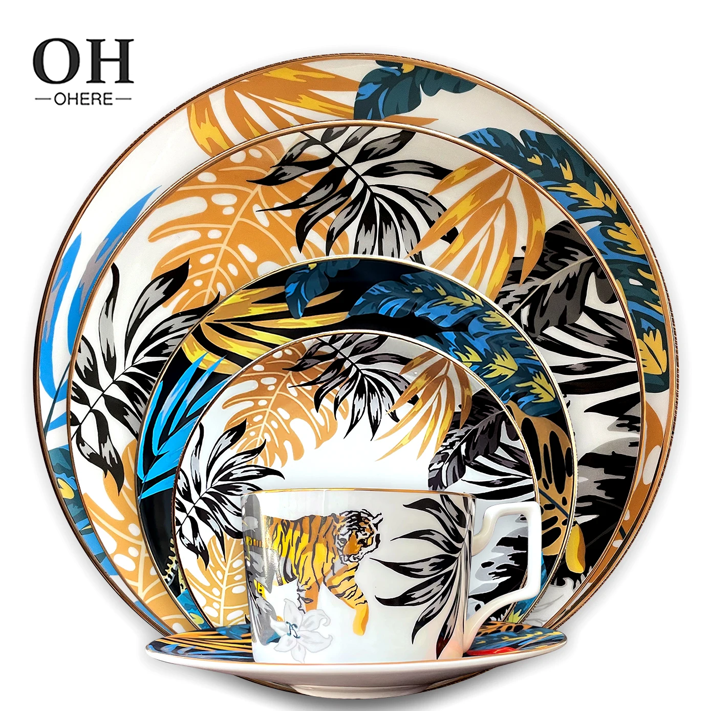 Juego de vajilla de porcelana de hueso con patrón de animales