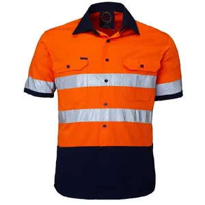 65% Polyester 35% Cotton Short Sleeve Hi Vis Work Shirt Custom Logo Safety Reflective Workwear Shirt Summer Work Clothing