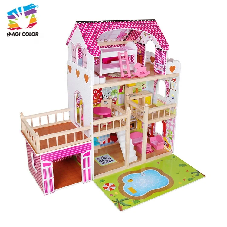 
 Готово к отправке 3 этажа освещенные деревянный кукольный домик с бассейном W06A333C  