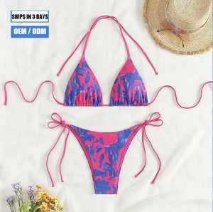 Fashion Tie-Dye Print Multi-Color Sexy Women's Split High-Waisted Brazilian Triangle Micro Bikini Set 2 Piece Thongs Bottom Type