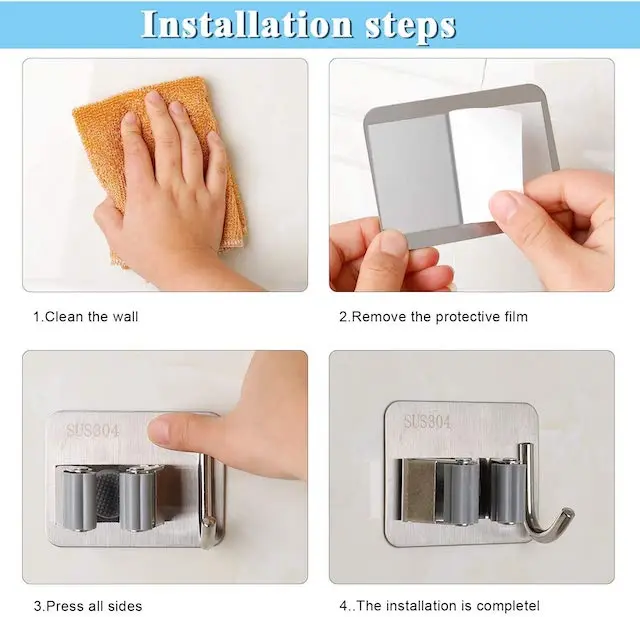 CUSTOM OEM Double Clip Mop Holder Wall Mount Space-Saving Stainless Steel Mop and Broom Holder with Hook Silver