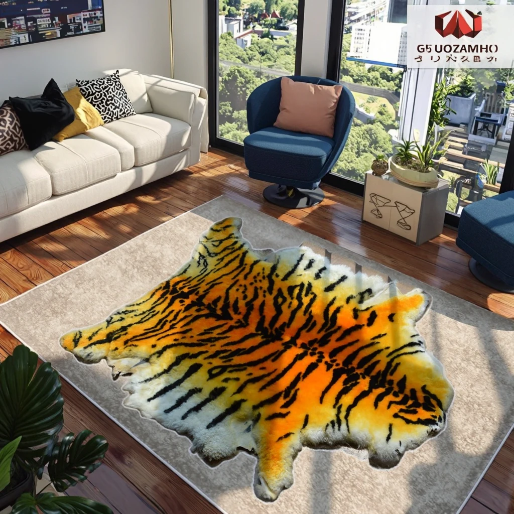 Modern Elegant Sheepskin Tiger Print Rug Real Fur Carpet Area Rug