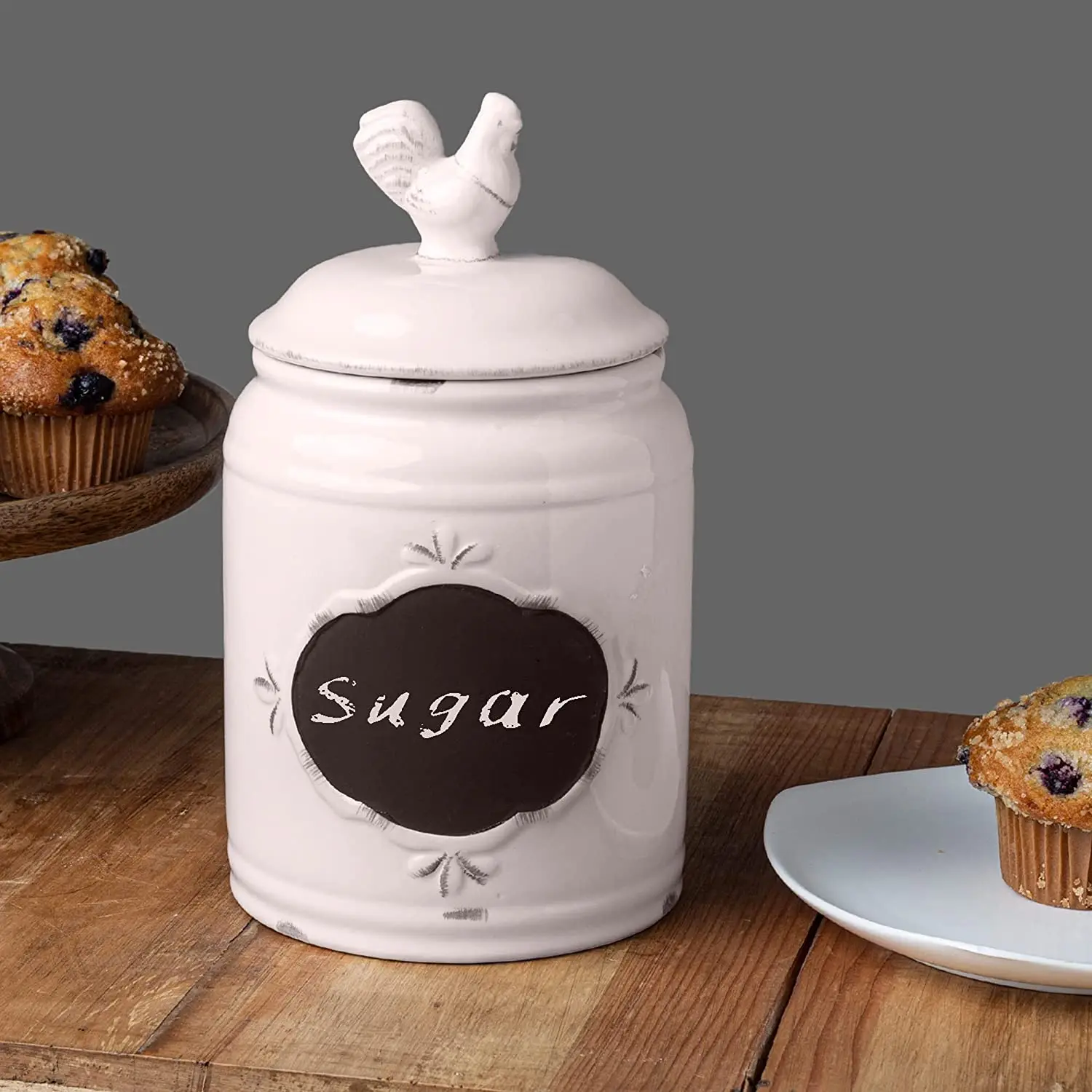 Ceramic Kitchen Canisters Set of 3 Antique Jars for Kitchen Storage with Rooster Lid and Chalkboard