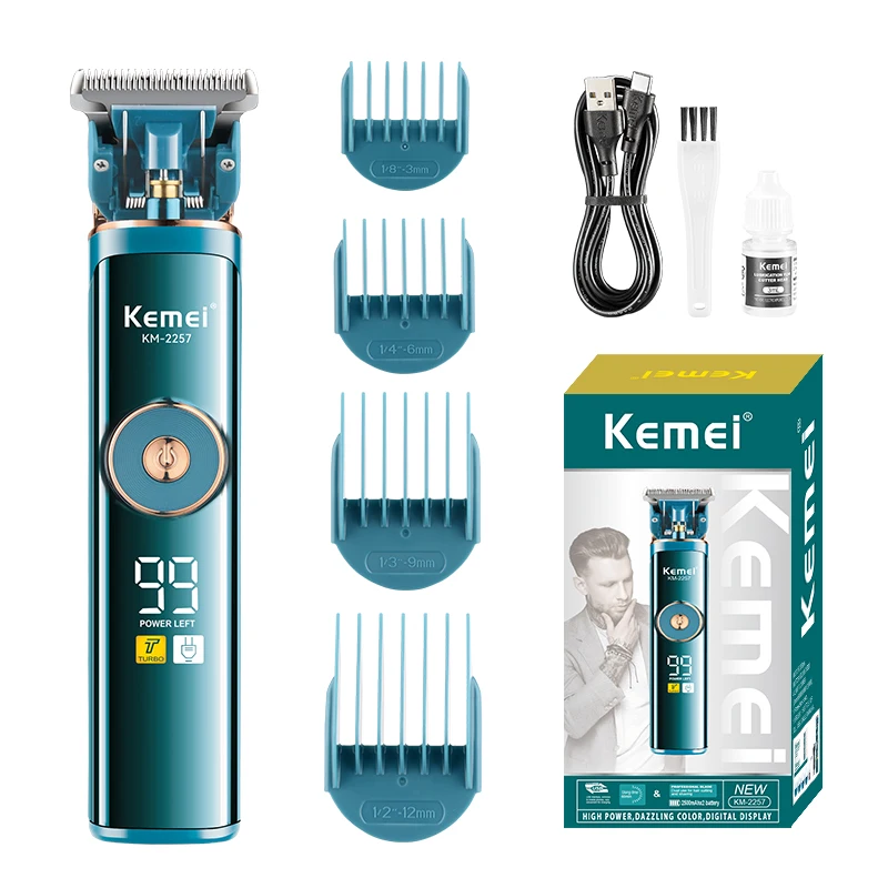 Kemei Hårtrimmer til mænd Km-2257 Vandtæt genopladelig hårklippemaskine Lcd hårtrimmer med skaldet hoved