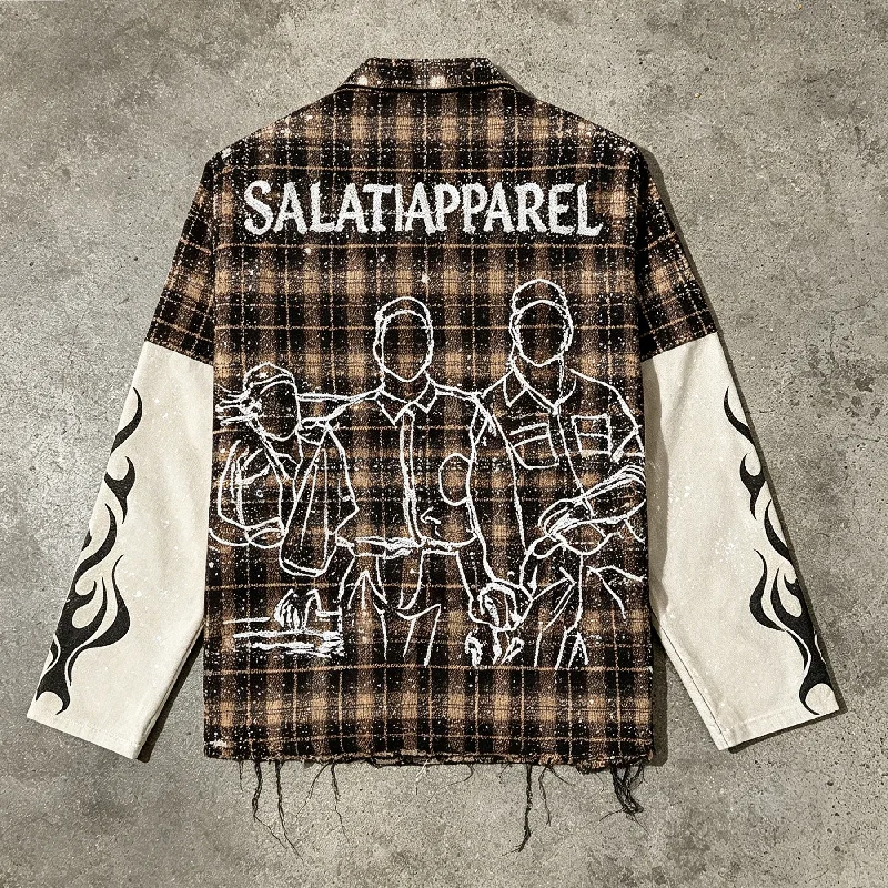 Salati Boxy Cropped Long Sleeve Tee Diamond Rhinestone Embroidery Check Plaid Button Up Flannel Shirt For Men gallery 2