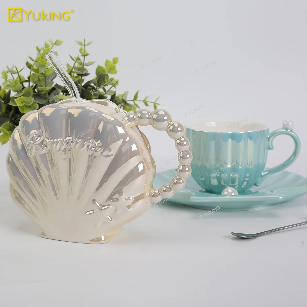 Pearl Shell Mug with Straw Beautiful Girl Lovely Ceramic Water Cup Milk Coffee Water Cup