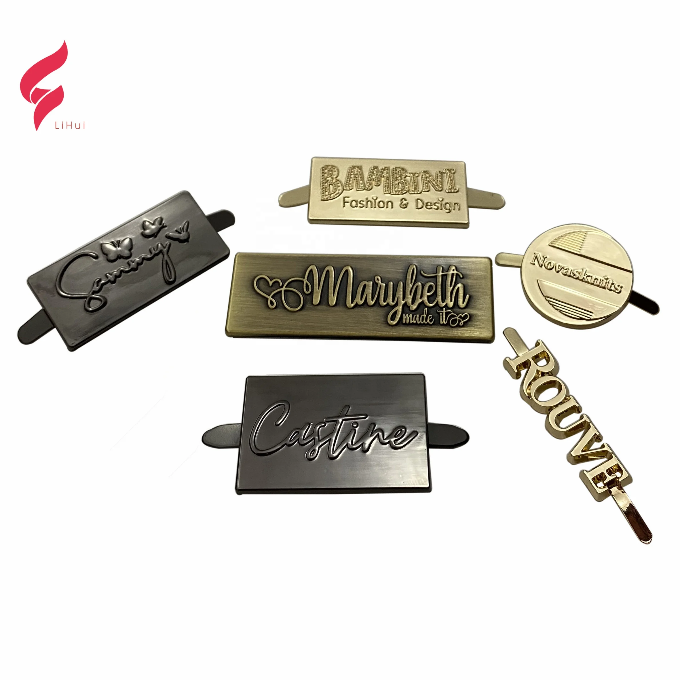 High quality design metal  brand name raised metal logo plates for handbag brand logos