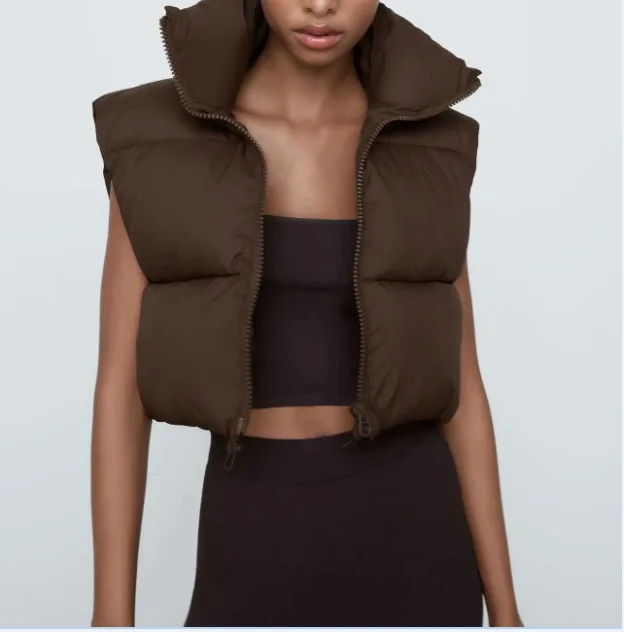 Brown/black/tan/white Womens Cropped Puffer Vest Solid Color -  Denmark