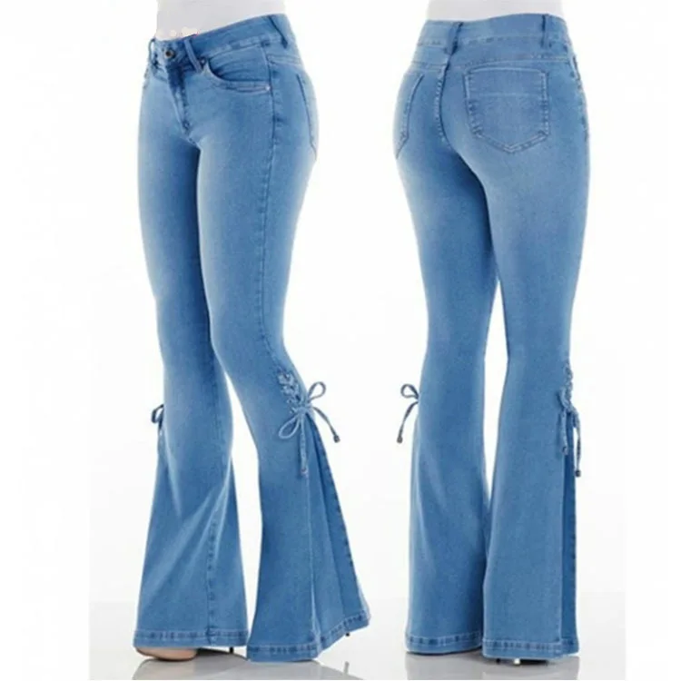 Wholesale Fashion High Waist Flared Jeans Women Bow Boot Cut