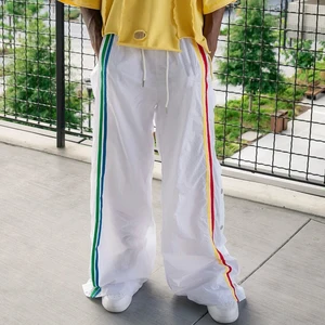 New Design Streetwear Flared Track Pants Men Side Button up Pants Oversized Fit Striped Wide Leg Baggy Nylon Track Pants