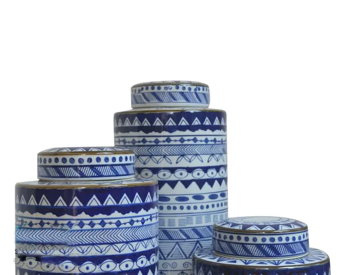 Jingdezhen Ceramic Customization Minimalist Style Ceramic  Decoration Blue and White Striped Decorative CylinderJars With Lid