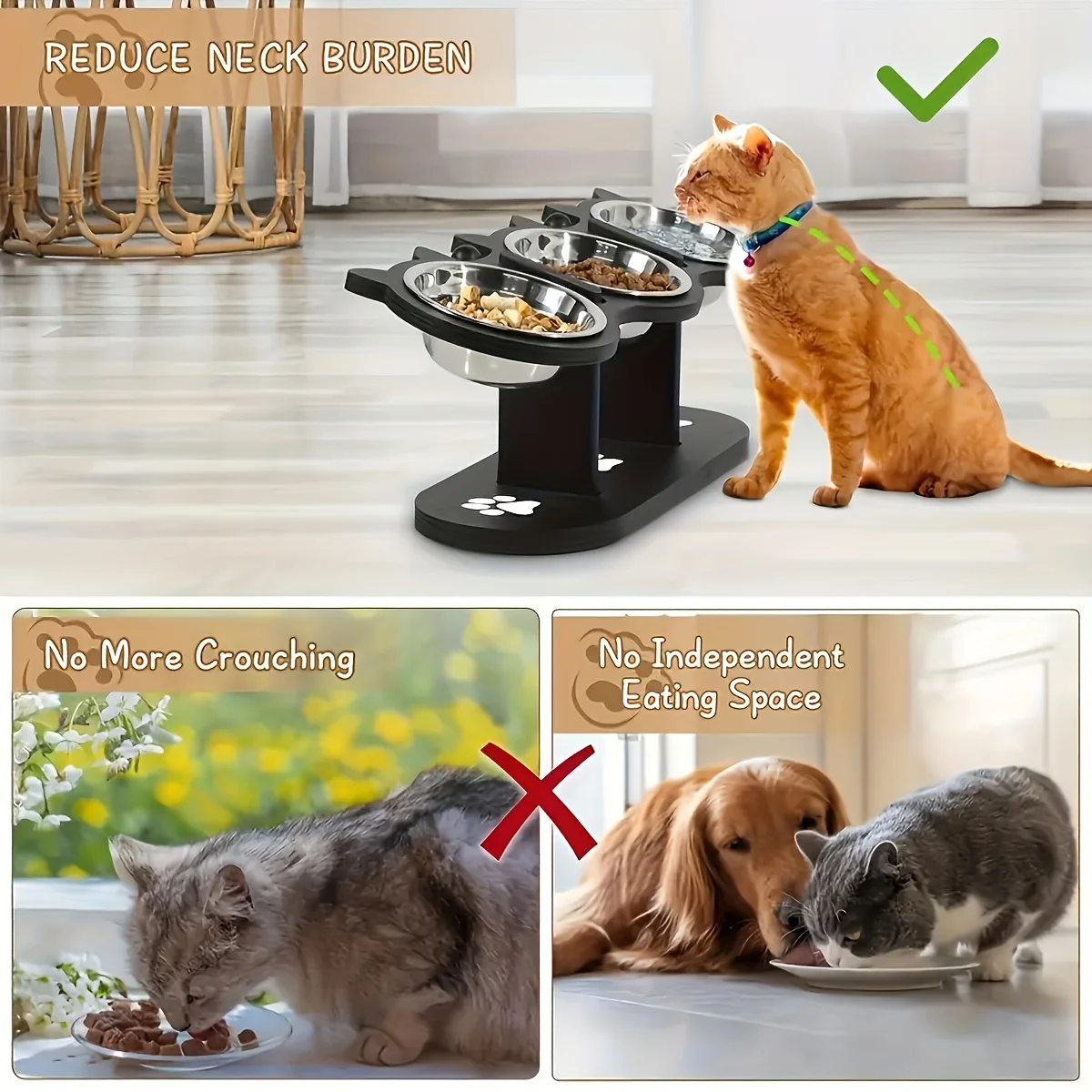 Dog 3 Bowls Wooden Elevated Cat Feeder Stand with 15 Angle Adjustable  Stainless Steel Food & Water Bowls Pet Feeding| Alibaba.com