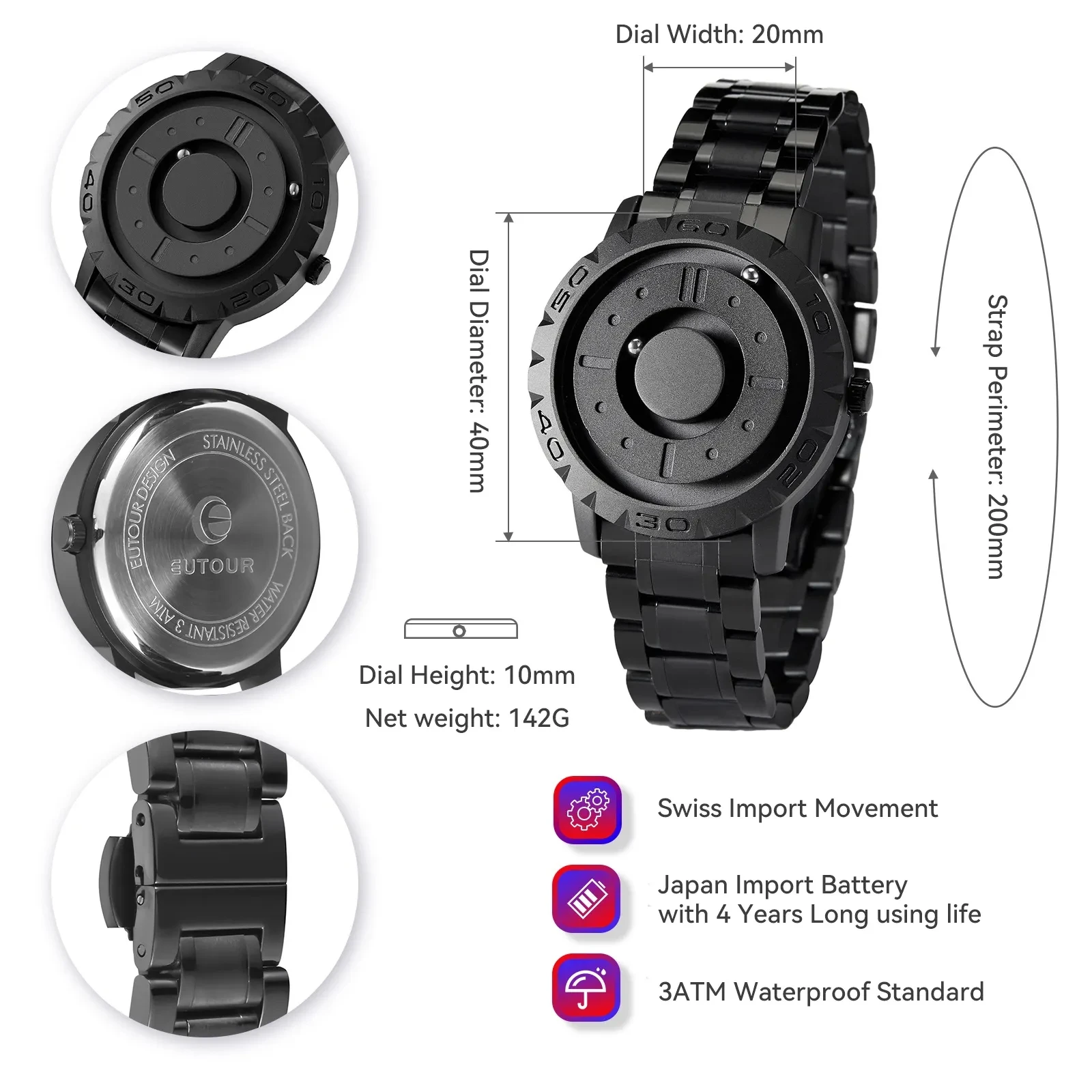 2025 New Arrival EUTOUR 030 Black Magnetic Dial Fashion Casual Mens Quartz Watches Simple Waterproof Silicone Strap Men Watch