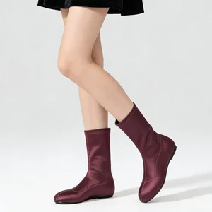 Women's Burgundy Satin Mid-Calf Boots-Slim-Fit Flat Heel Slip-On Fashion Casual Dress Footwear 2026 Autumn