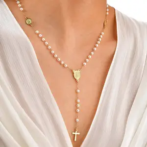 Religious Long Prayer Pearl Beads Cross Pendant Jewelry Necklace Oval Holy Mother Y Shaped Pendant Necklace for Women