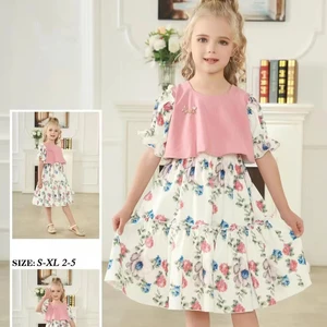 New Casual Korean-Style Girls Dress with Floral Print Patchwork & Ruffle Fly Sleeves for Summer Small MOQ for Birthdays