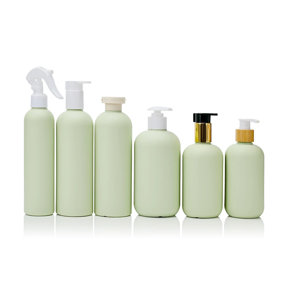 Eco-friendly Green HDPE 200ml 400ml 500ml Soft Touch Cosmetic Packaging Body Lotion Plastic Squeeze Shampoo Bottle with Pump