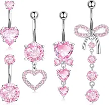5Pcs/Set Dangle Belly Button Rings Piercing Jewelry for Women Surgical Stainless Steel  Pink Zircon Inlay Navel Rings Heart 14G