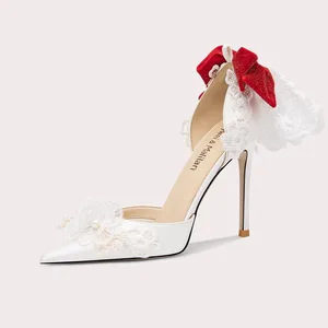 Fashionable White Sandals With Red Bow Lace Embellished Pointed Toe Party Wedding Shoes for Women