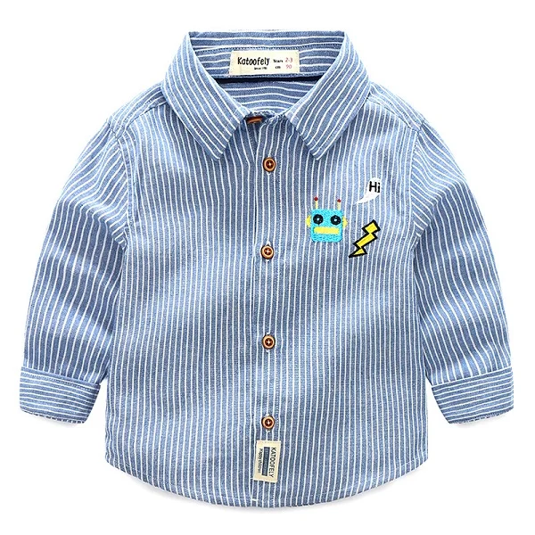 New Premium Embroidered Robot Striped Cotton Long-sleeved Butterfly Shirt for Boys Bloemen